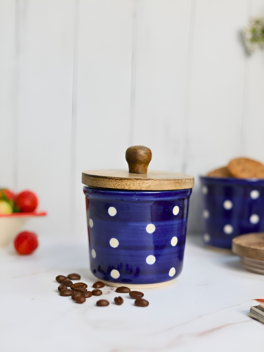 Weaving Homes Blue Polka Dots Ceramic Dishwasher Safe Clip-On Canister-350ml