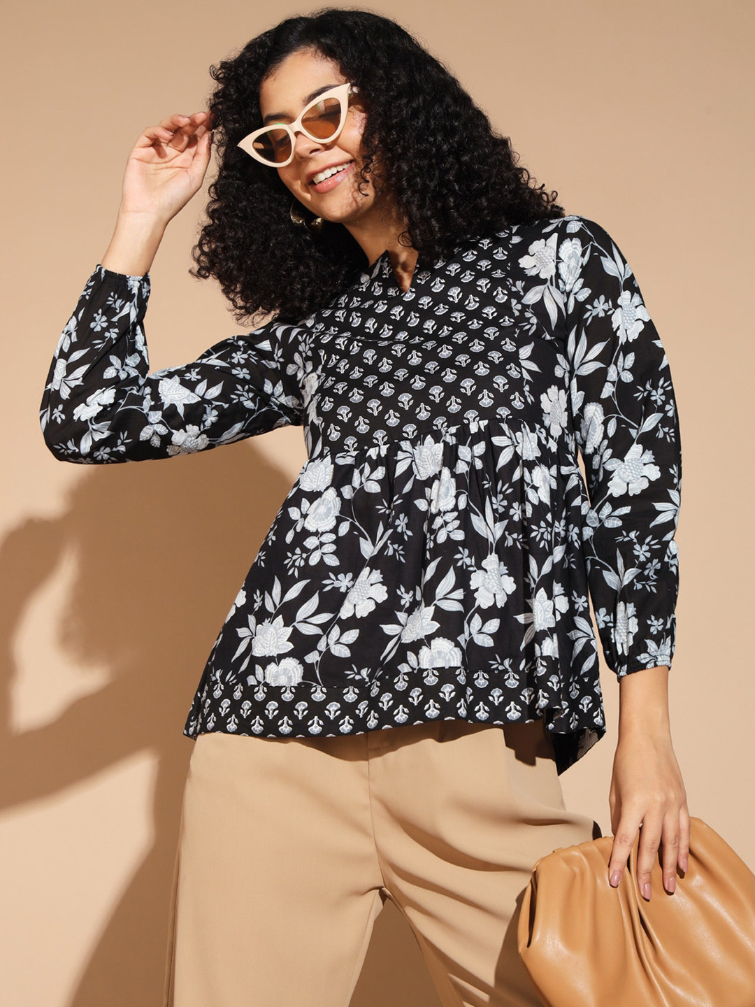 The Dry State White & Black Floral Print V-Neck Pure Cotton Peplum Top