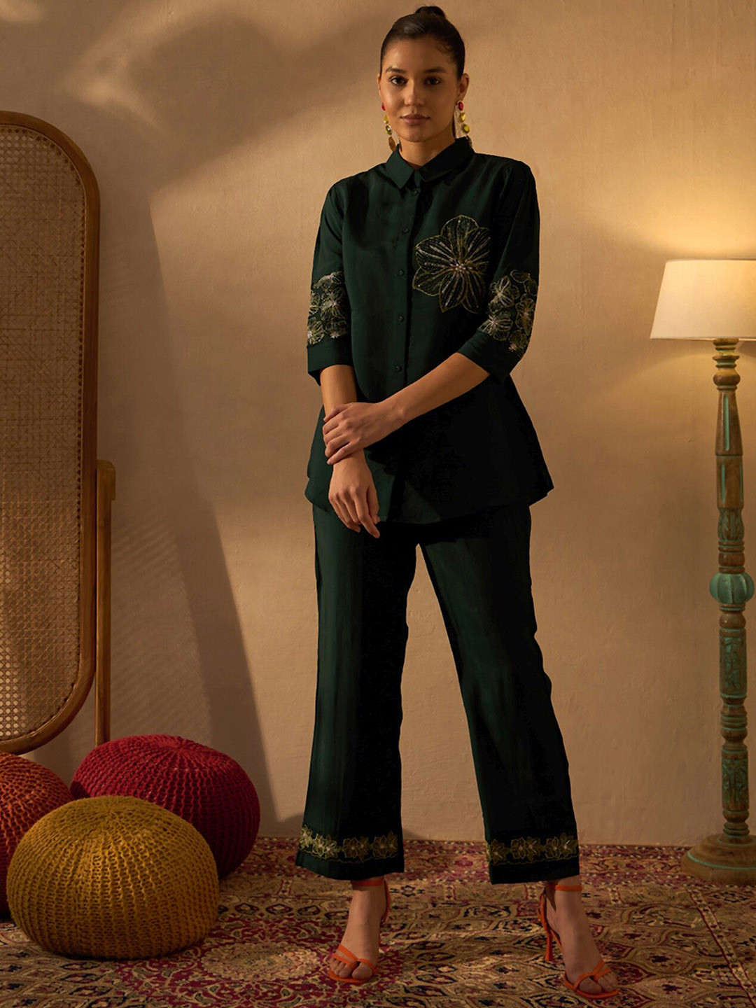 Anouk Bottle Green Floral Embroidered Shirt Collar Tunic With Trousers Party Co-Ords