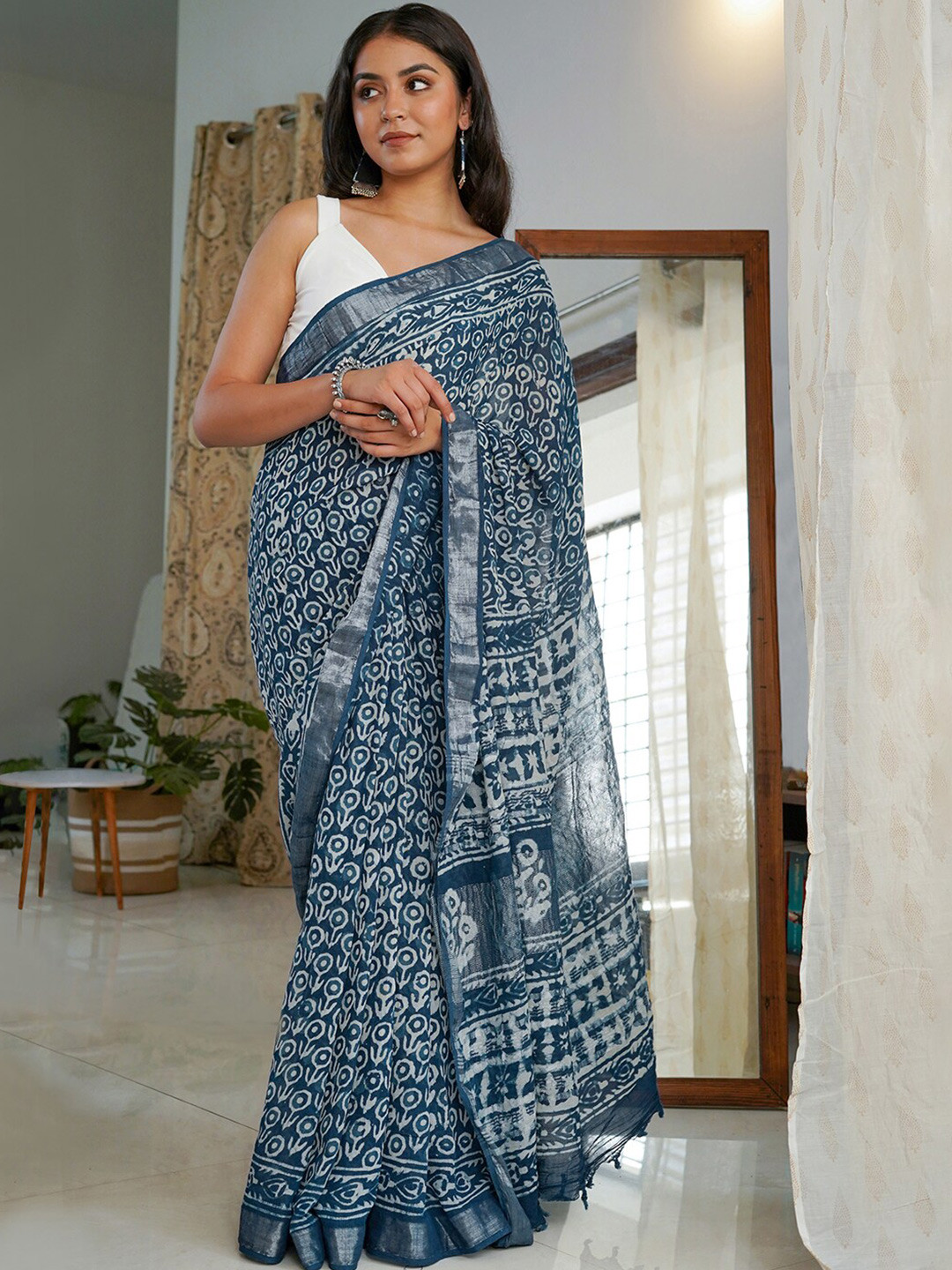 TEEJH Dabu Zari Block Print Saree