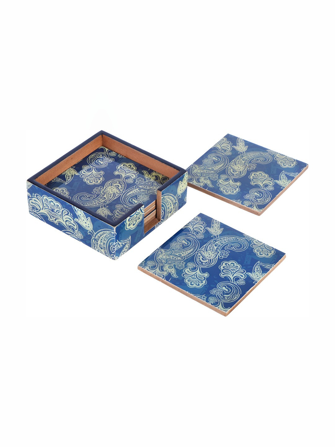 THE HOME CO. White & Blue 6 Pieces Printed Wooden Square Shaped Coasters