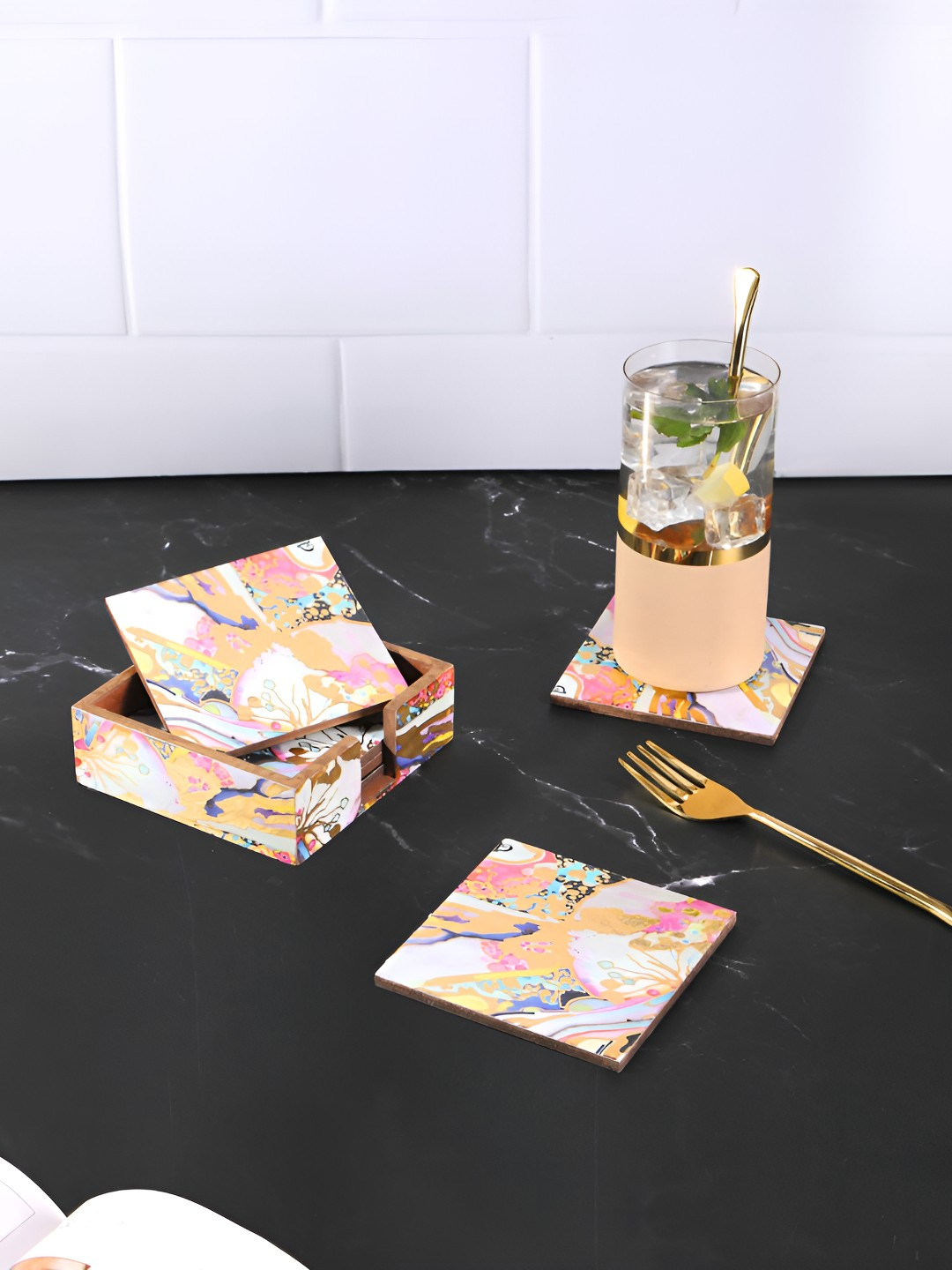 THE HOME CO. White & Pink 6 Pieces Splash Printed Wooden Square Shaped Coasters