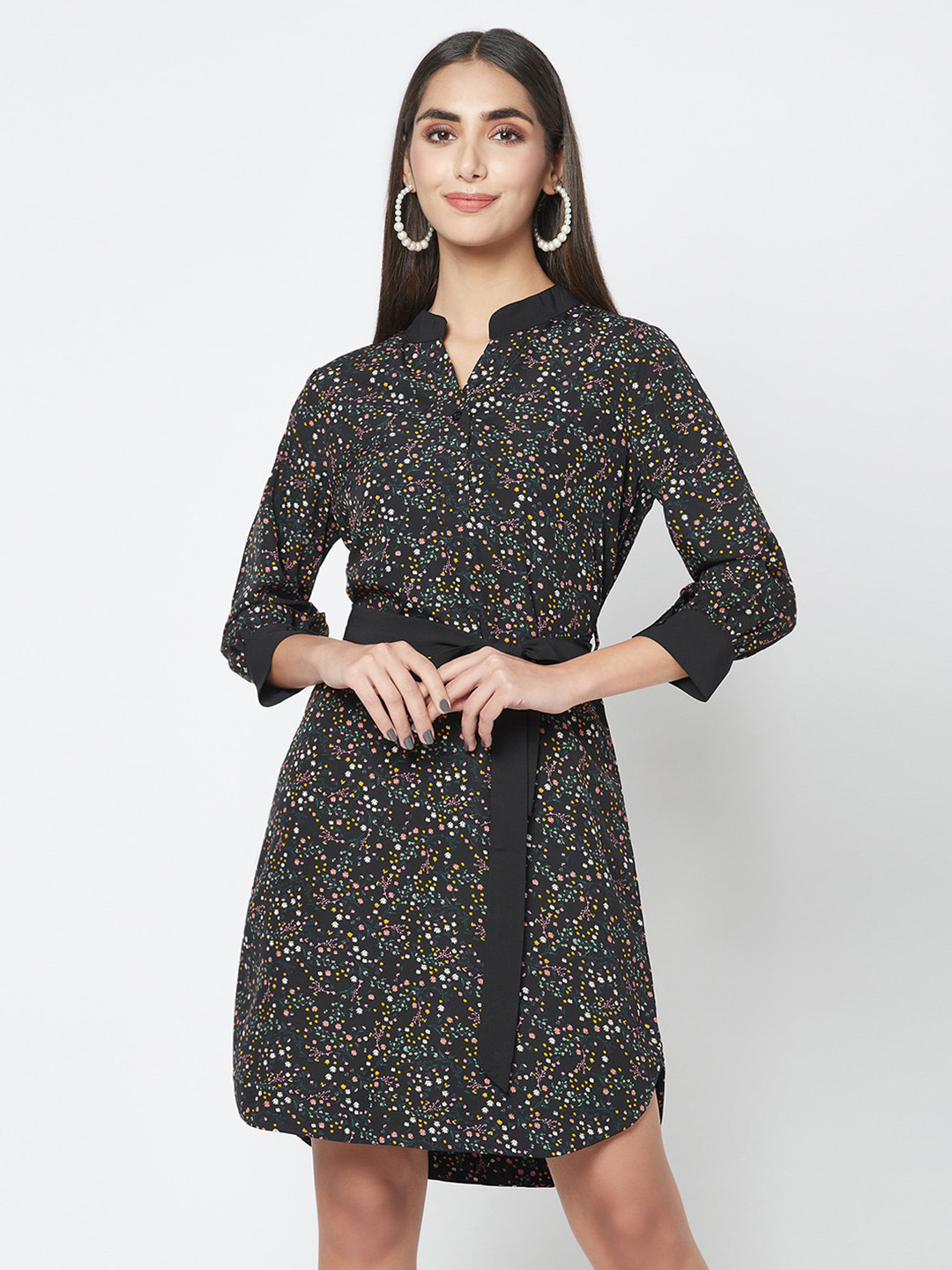 SQew Floral Print Crepe Mandarin Collar A-line Dress