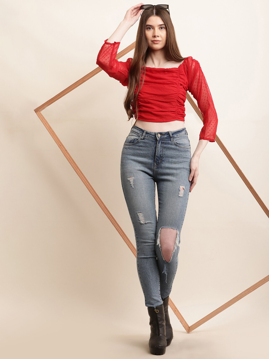 KALINI Geometric Printed Square Neck Georgette Crop Top
