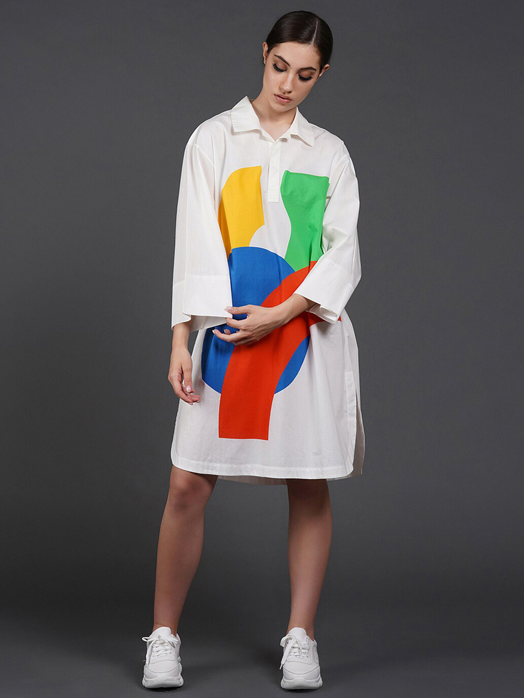 SAMANT CHAUHAN Abstract Printed Knee Length Cotton Shirt Dress