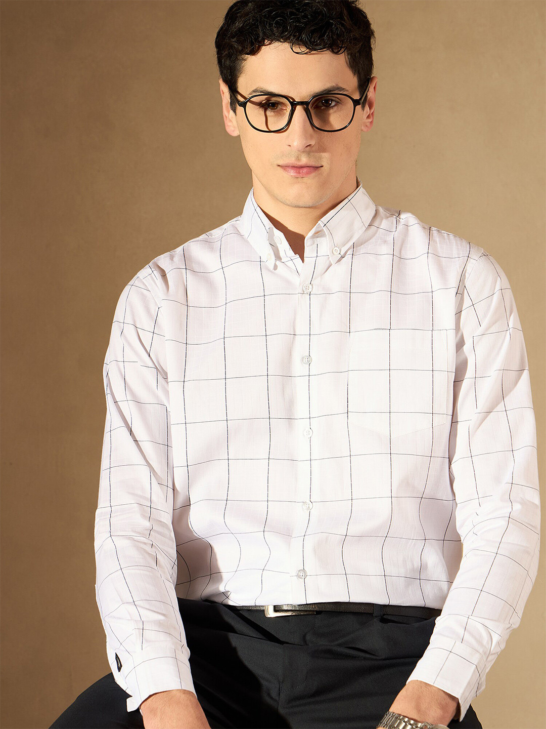 DENNISON Windowpane Checked Button-Down Collar Smart Cotton Formal Shirt