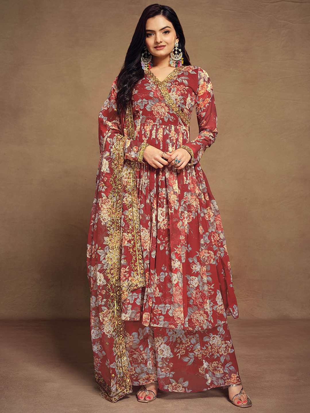 ODETTE Maroon Floral Printed Empire Anarkali Kurta with Salwar & Dupatta Chiffon Set