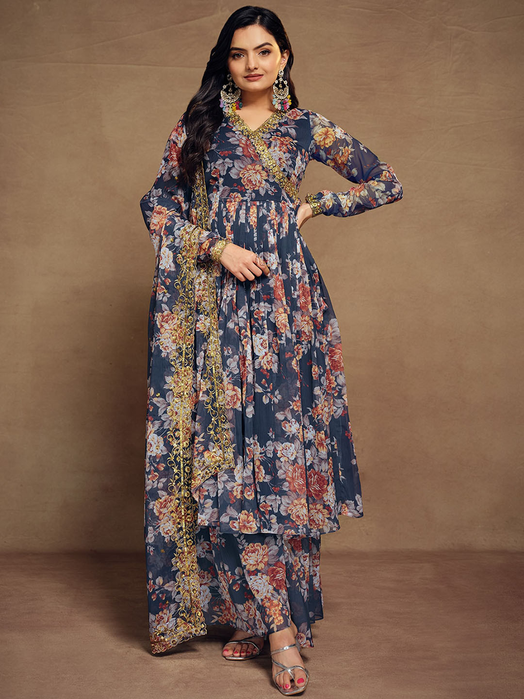 ODETTE Blue Floral Printed V-Neck Flared Anarkali Kurta with Salwar & Dupatta Set
