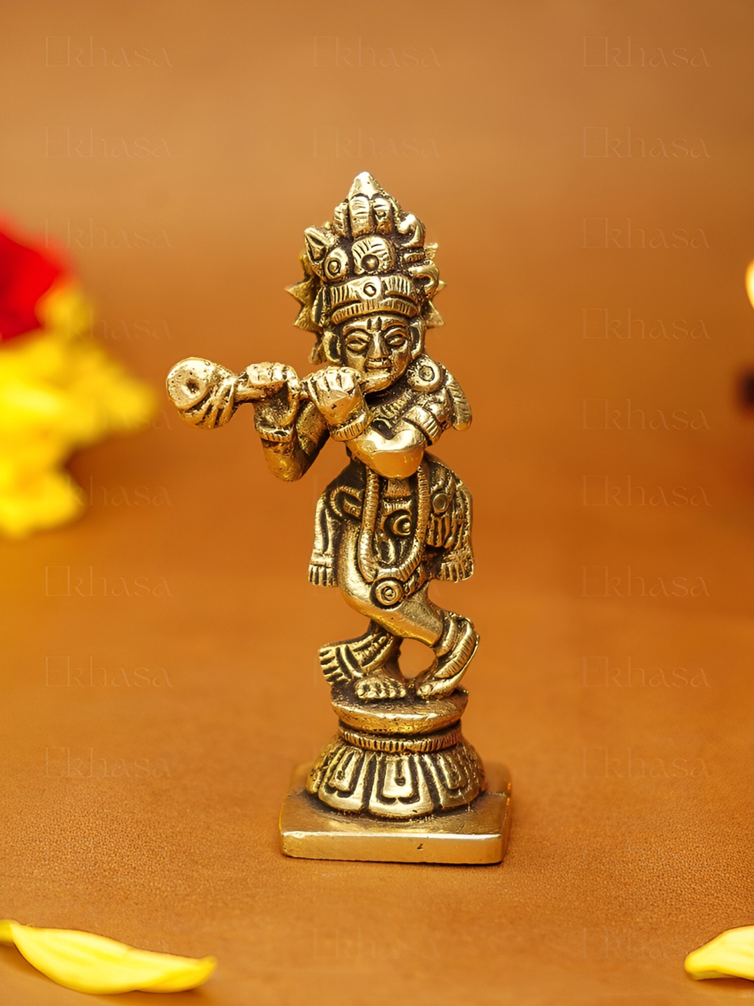 Ekhasa Krishna Beige Brass Metallic Prayer Room Tiny Showpiece - 3.1 Inches