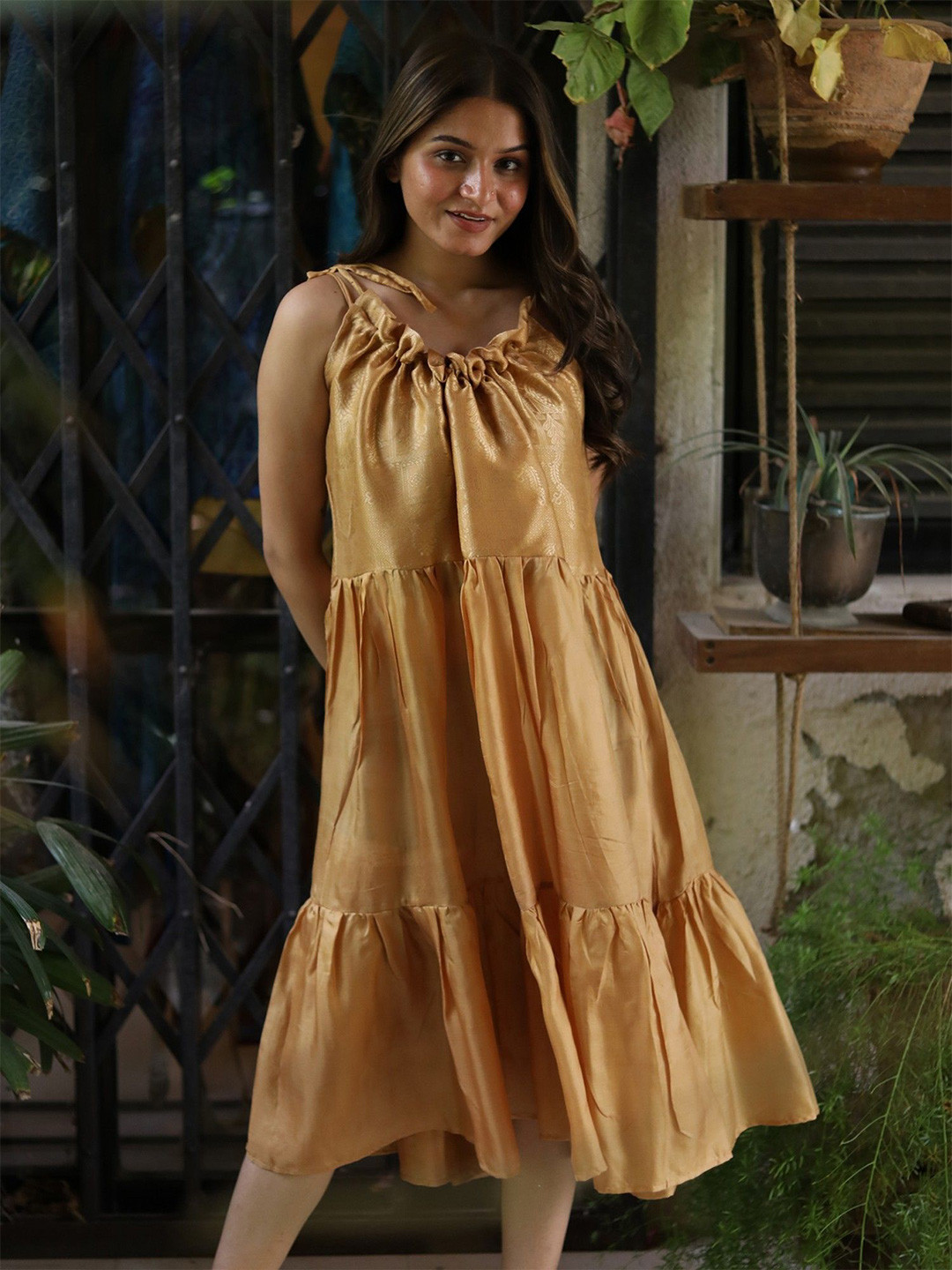 Exotic India Pale Gold Assorted Vintage Pure Silk Ruffle Dress