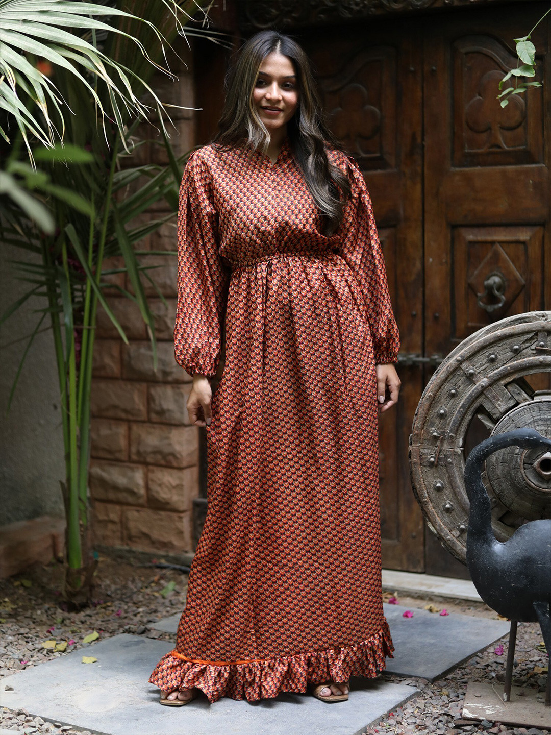 Exotic India Vintage Pure Silk Victorian Date Geometric Printed Fit & Flare Dress