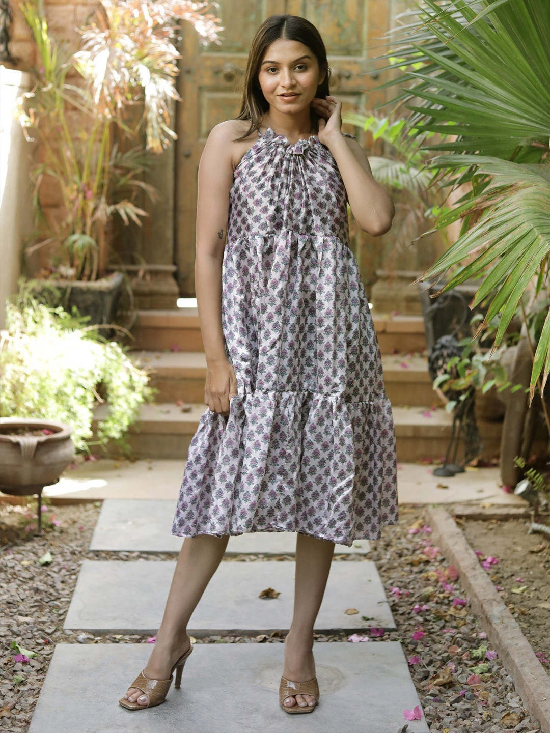 Exotic India First Bloom Assorted Vintage Pure Silk Ruffle Dress