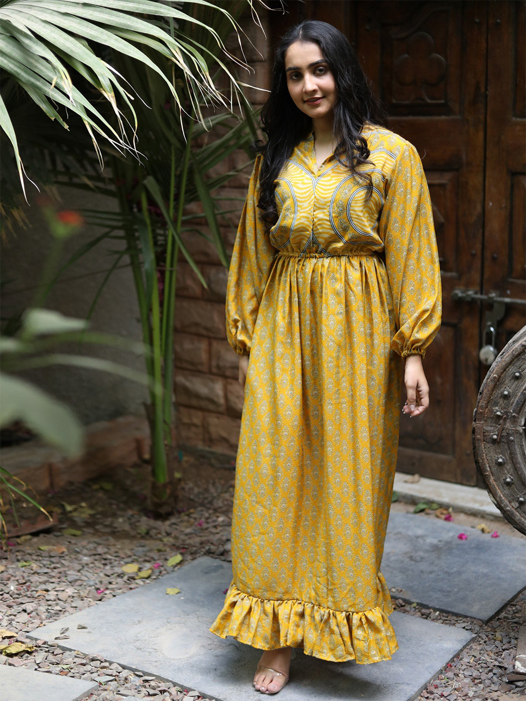 Exotic India Assorted Vintage Pure Silk Spicy Mustard Victorian Date Dress