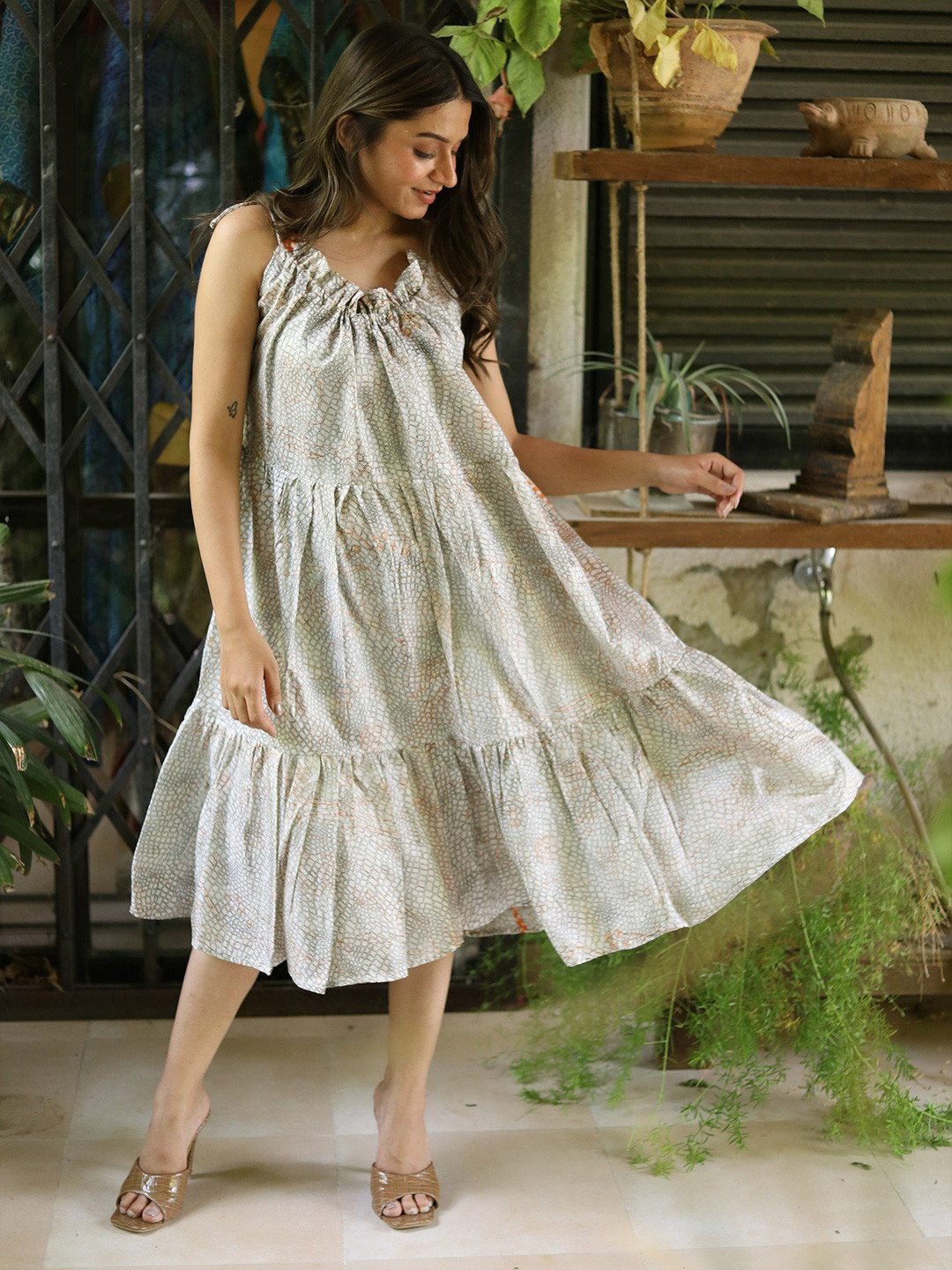 Exotic India Boa Assorted Vintage Pure Silk Ruffle Dress