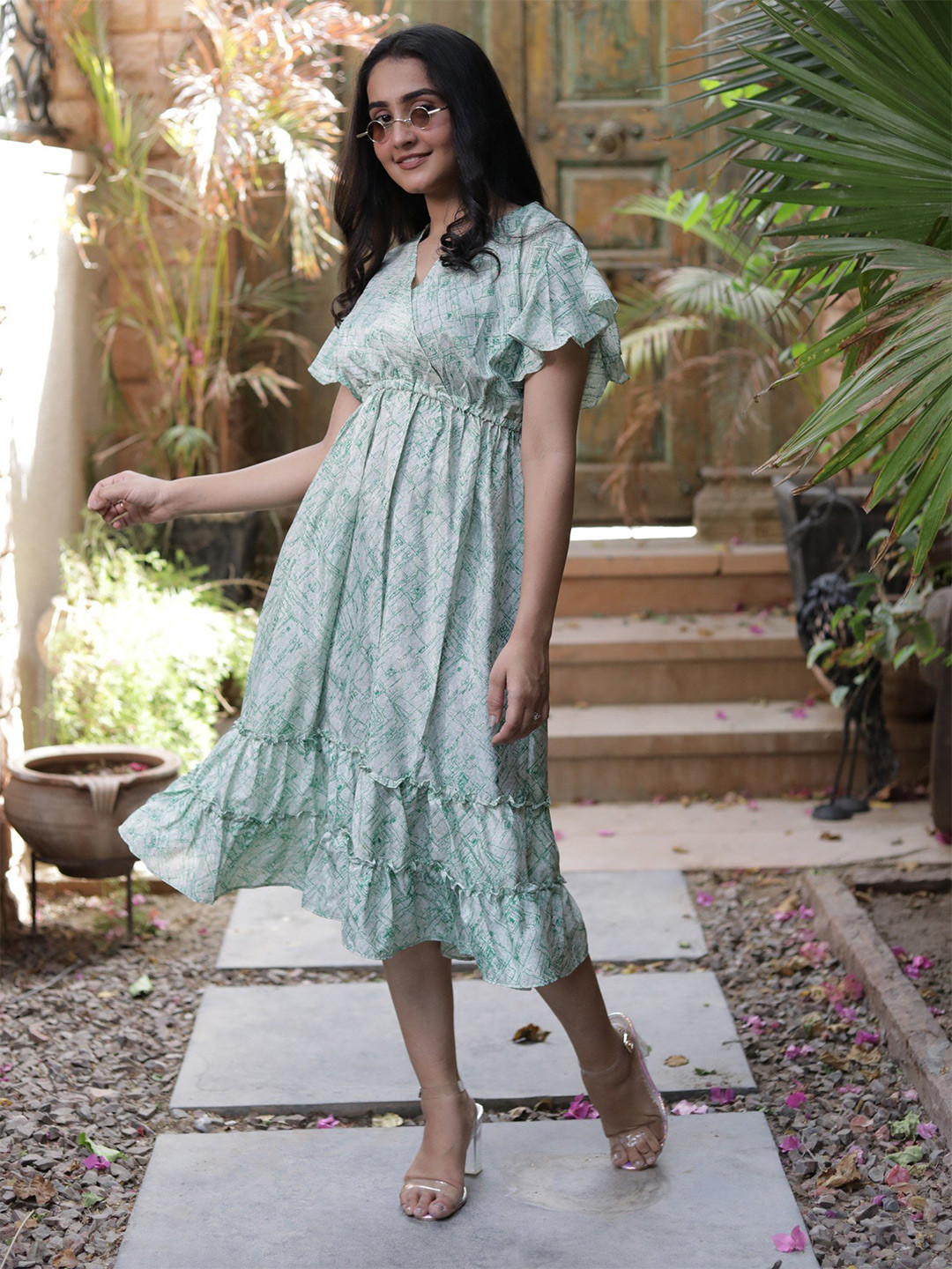 Exotic India Floral Printed V-Neck Cabbage Vintage Pure Silk Summer Dress