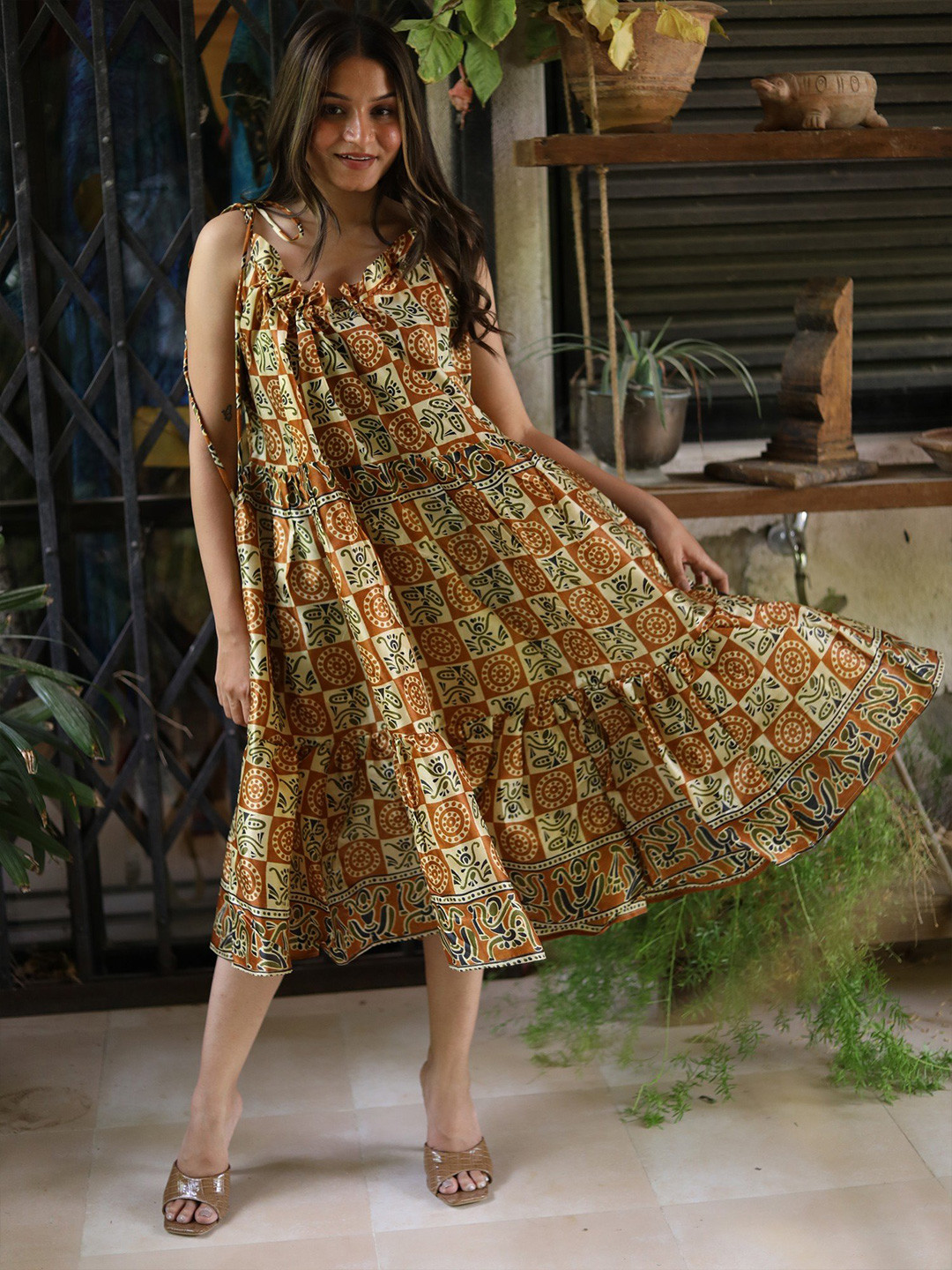 Exotic India Floral Printed Shoulder Straps Vintage Pure Silk Desert Sun Ruffle Dress