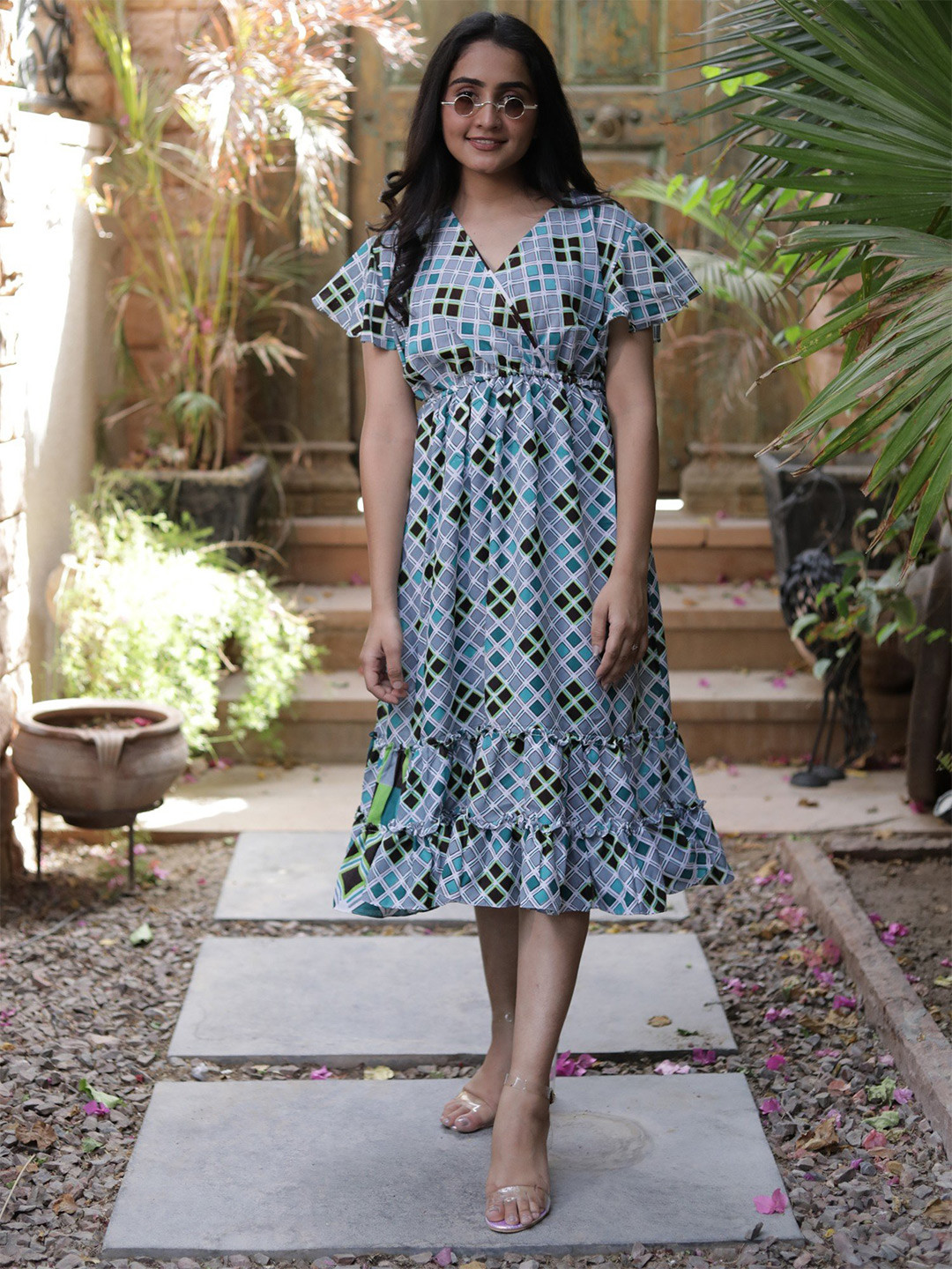 Exotic India Floral Printed V-Neck Heather Vintage Pure Silk Summer A-Line Dress