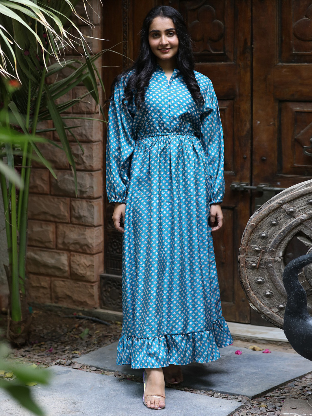 Exotic India Floral Printed Vintage Pure Silk Victorian Date Fit and Flare Dress