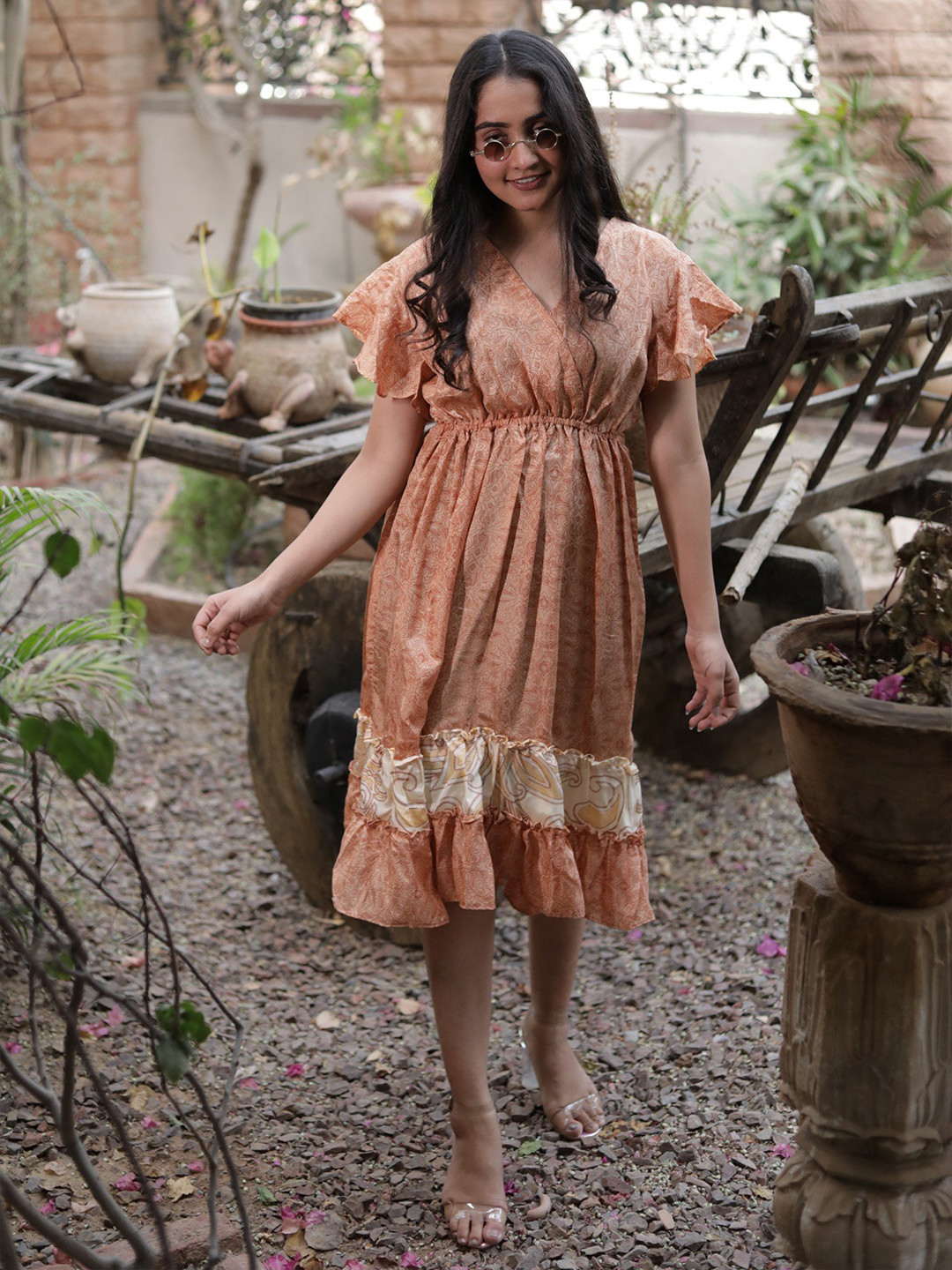 Exotic India Floral Printed Flutter Sleeve Vintage Pure Silk Fit & Flare Dress