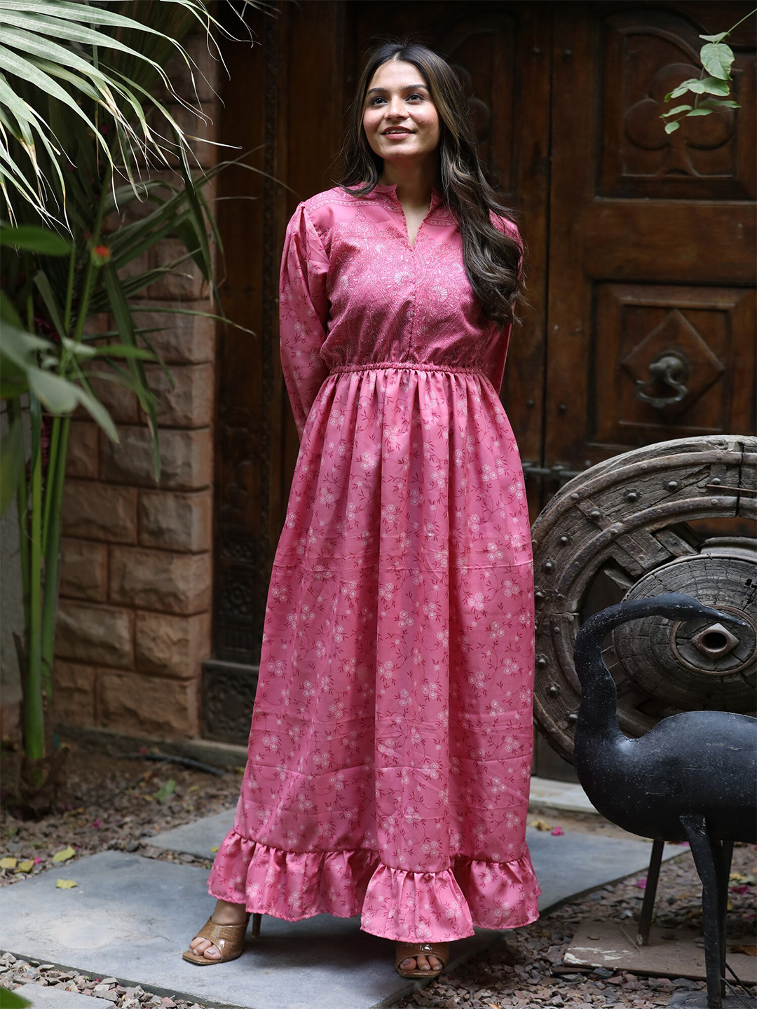 Exotic India Vintage Pure Silk Victorian Date Maxi Dress