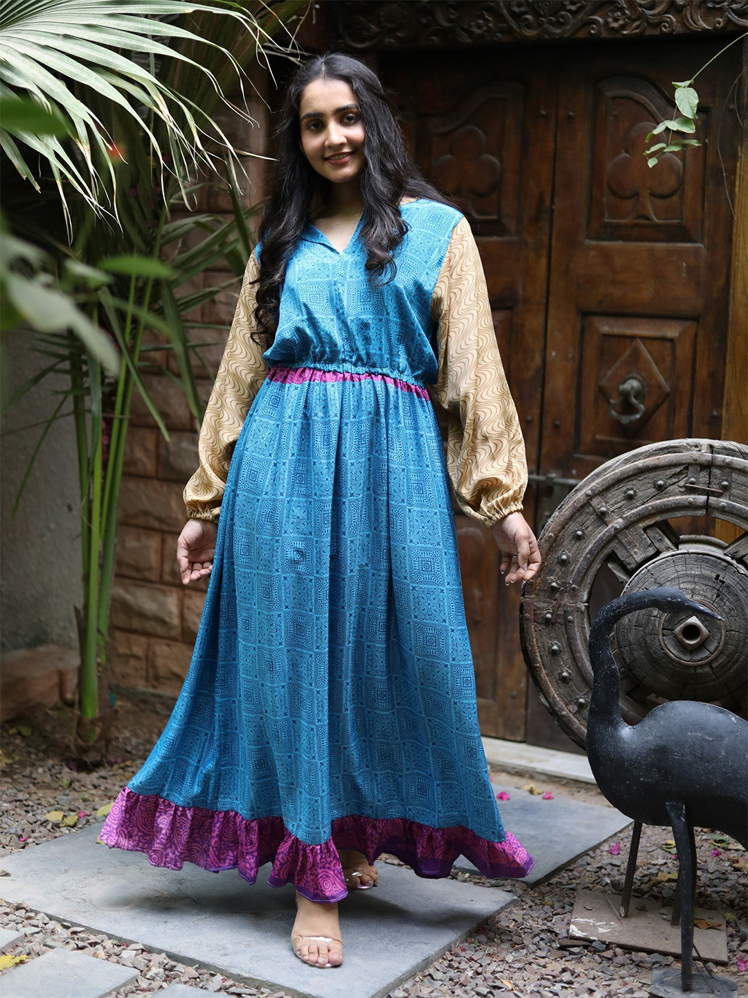 Exotic India Assorted Vintage Pure Silk Strong Blue Victorian Date Dress