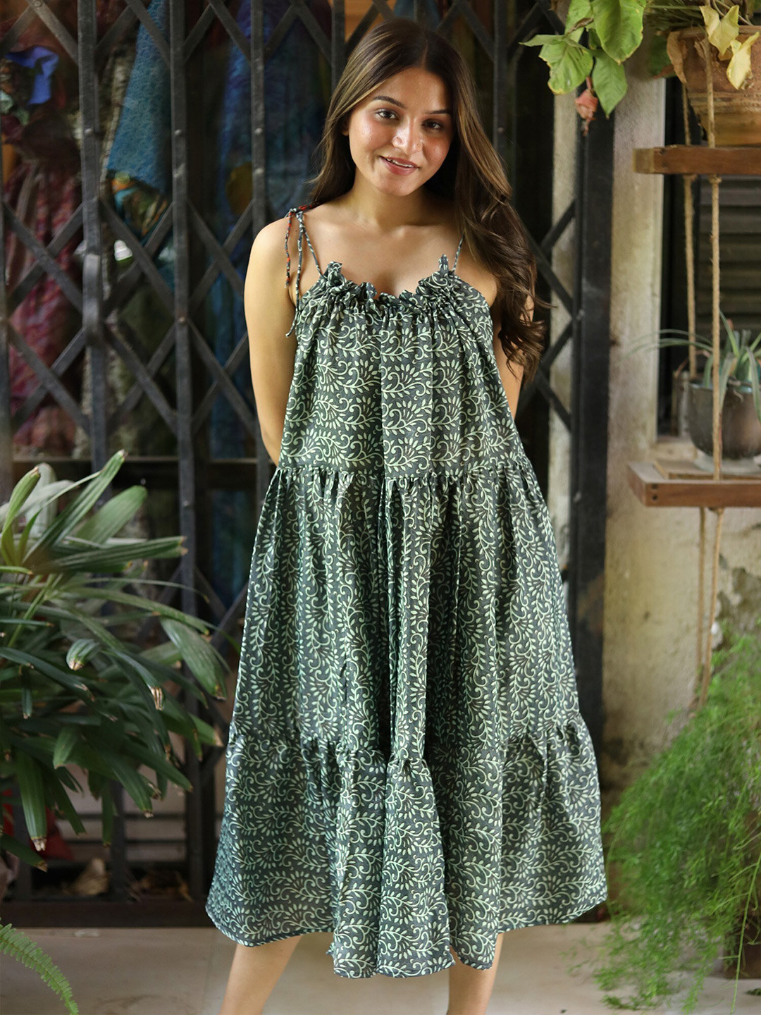 Exotic India Assorted Vintage Pure Silk Tea Leaf Ruffle Dress