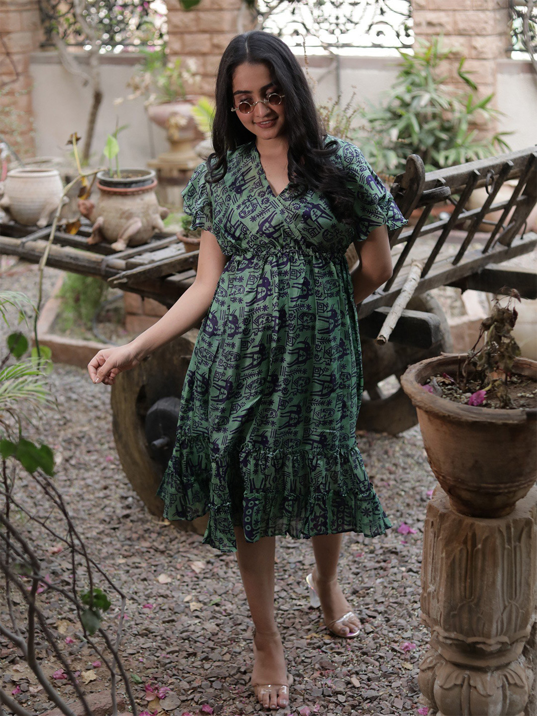 Exotic India Assorted Vintage Pure Silk Green Summer Dress