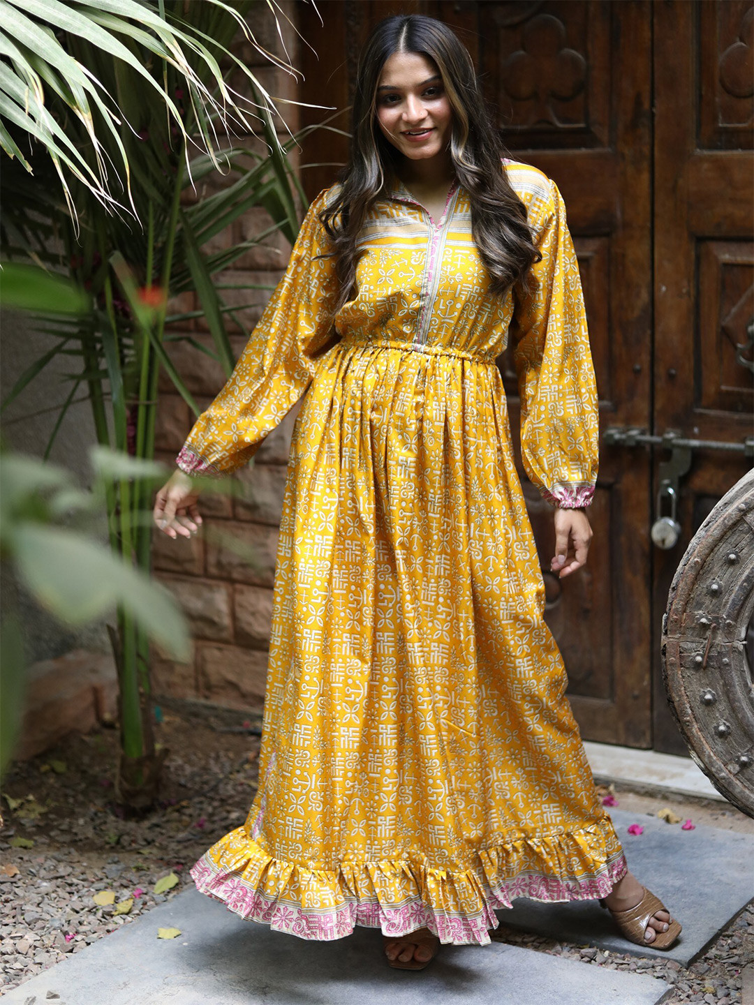Exotic India Assorted Vintage Pure Silk Misted Yellow Victorian Date Dress