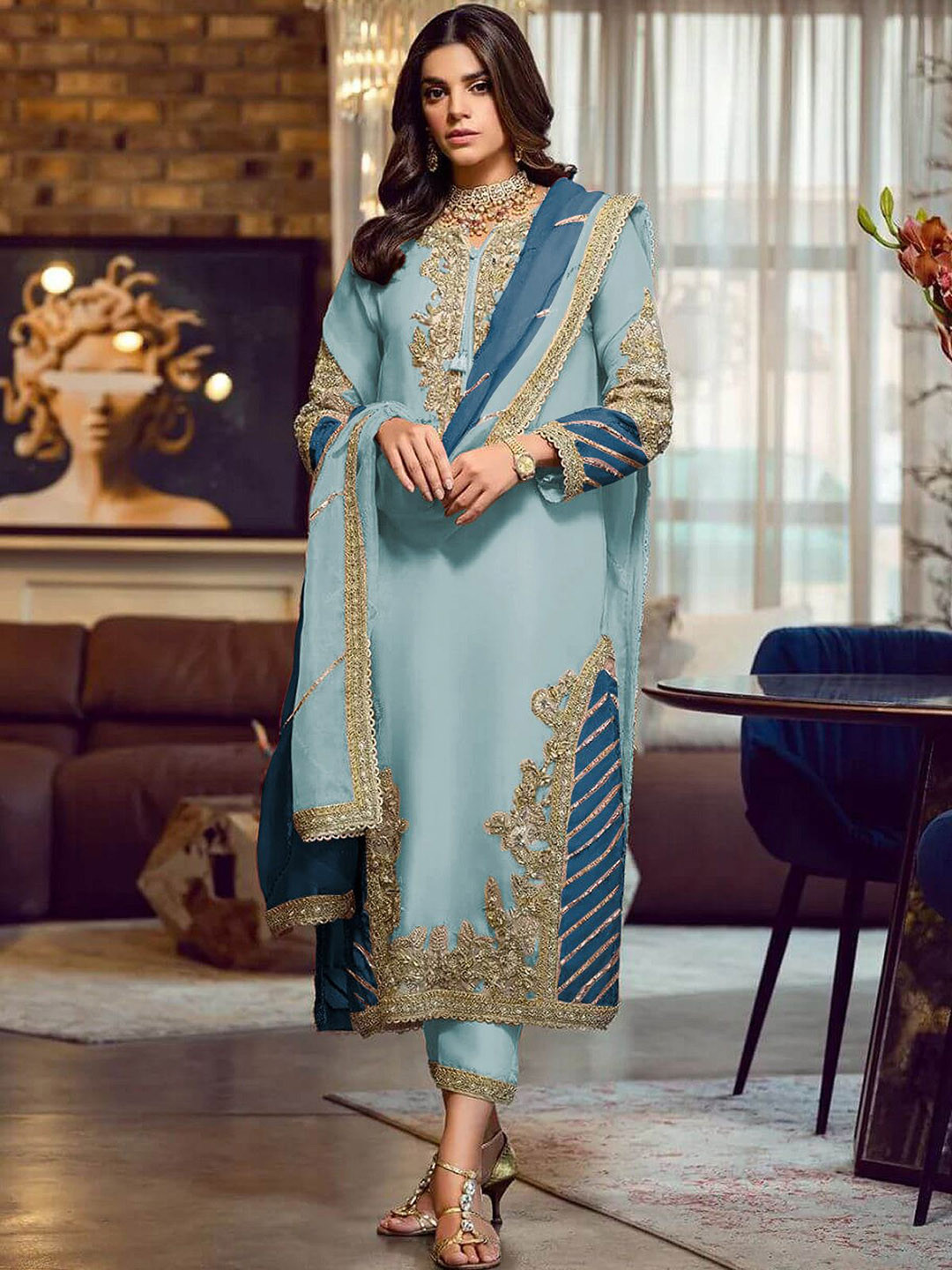 ODETTE Floral Georgette Kurta Trouser Set With Dupatta