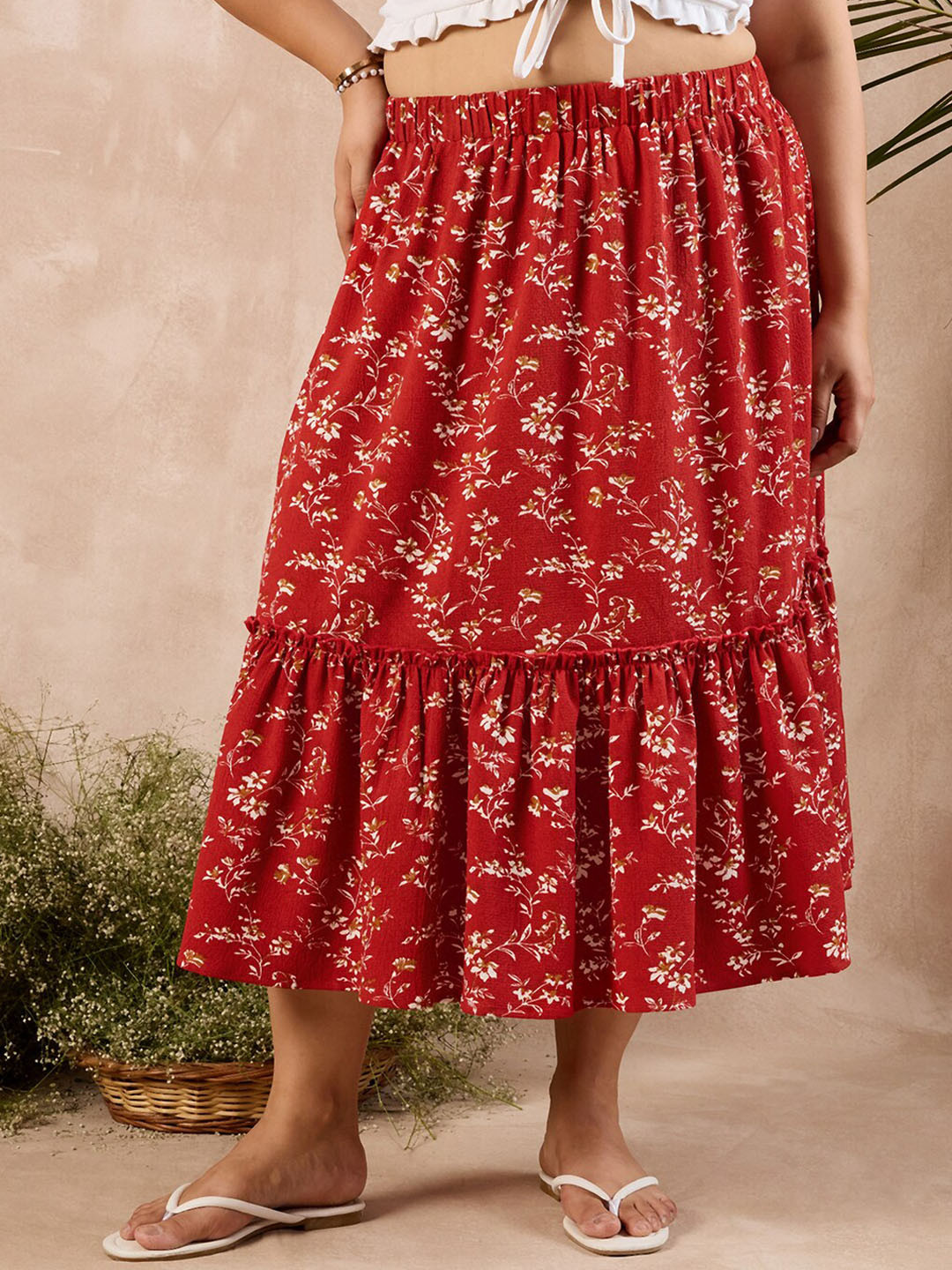 Berrylush Curve Red Printed A-line Midi Skirt