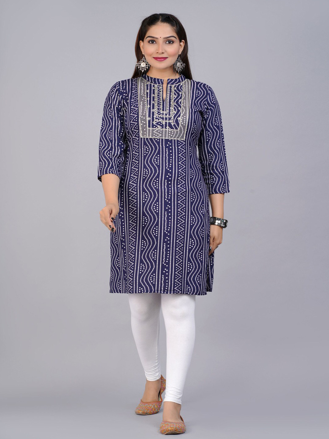 EVA CREATION Bandhani Printed Mandarin Collar Sequins Cotton Straight Kurta