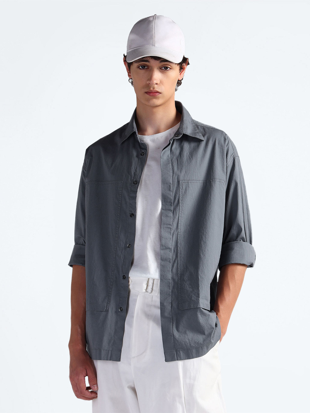 Flying Machine Spread Collar Oversized Ripstop Casual Shirt