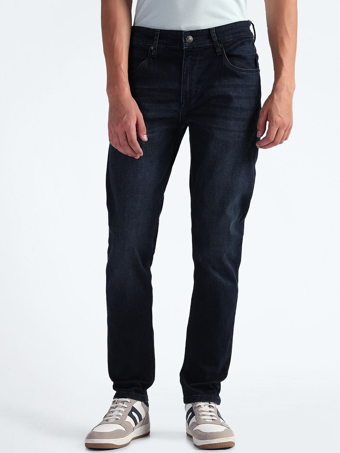 Flying Machine Men Clean Look Dark Shade Mid-Rise Tapered Fit Stretchable Cotton Jeans