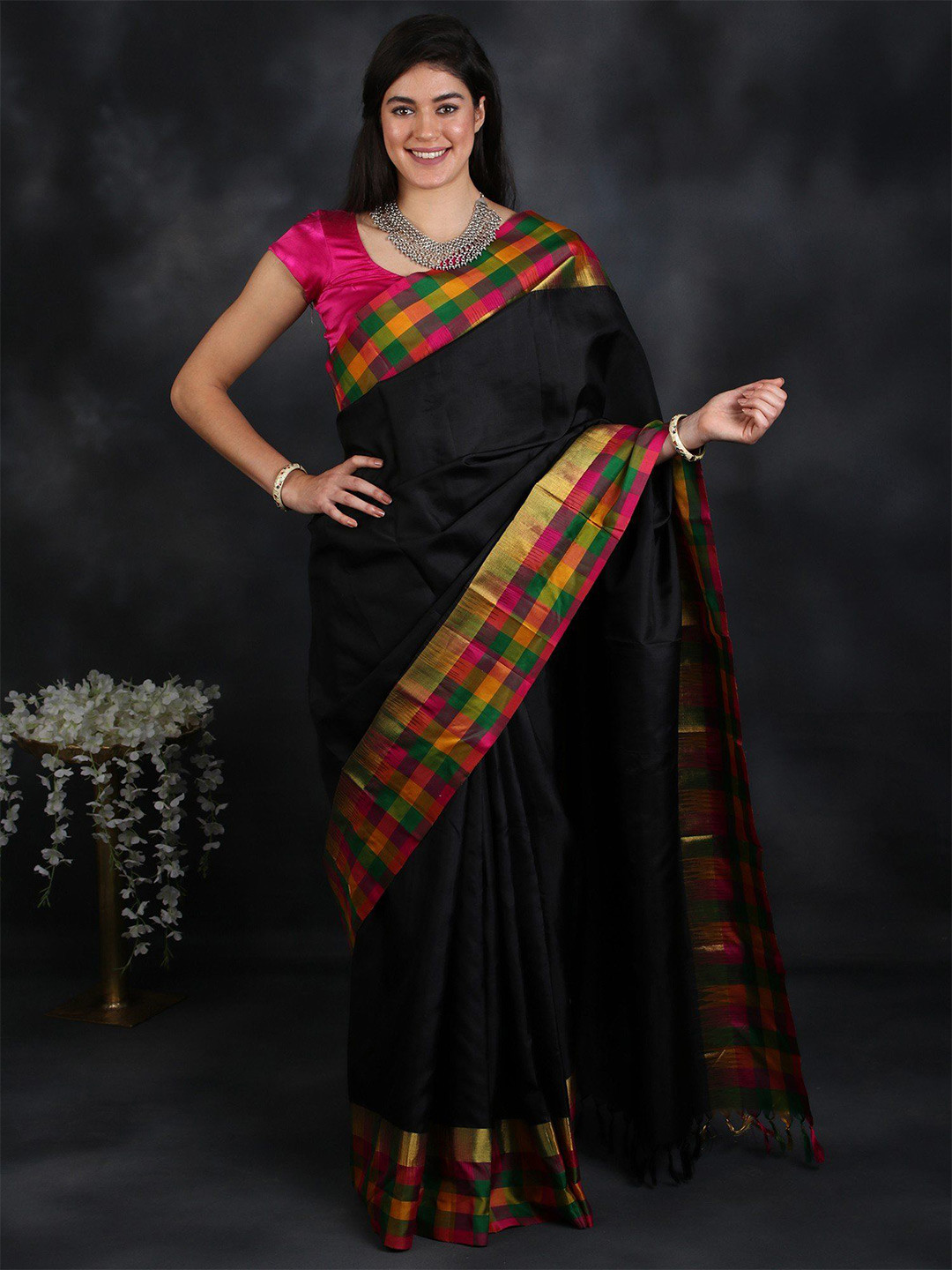 Exotic India Black Handloom Kanjivaram Saree with Multicolor Checkered Border