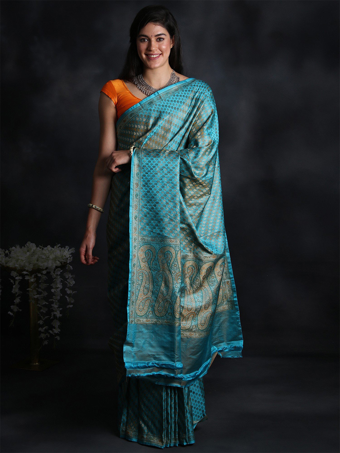 Exotic India Aqua Handloom Banarasi Meenakari Dupion Saree With Floral Pattern