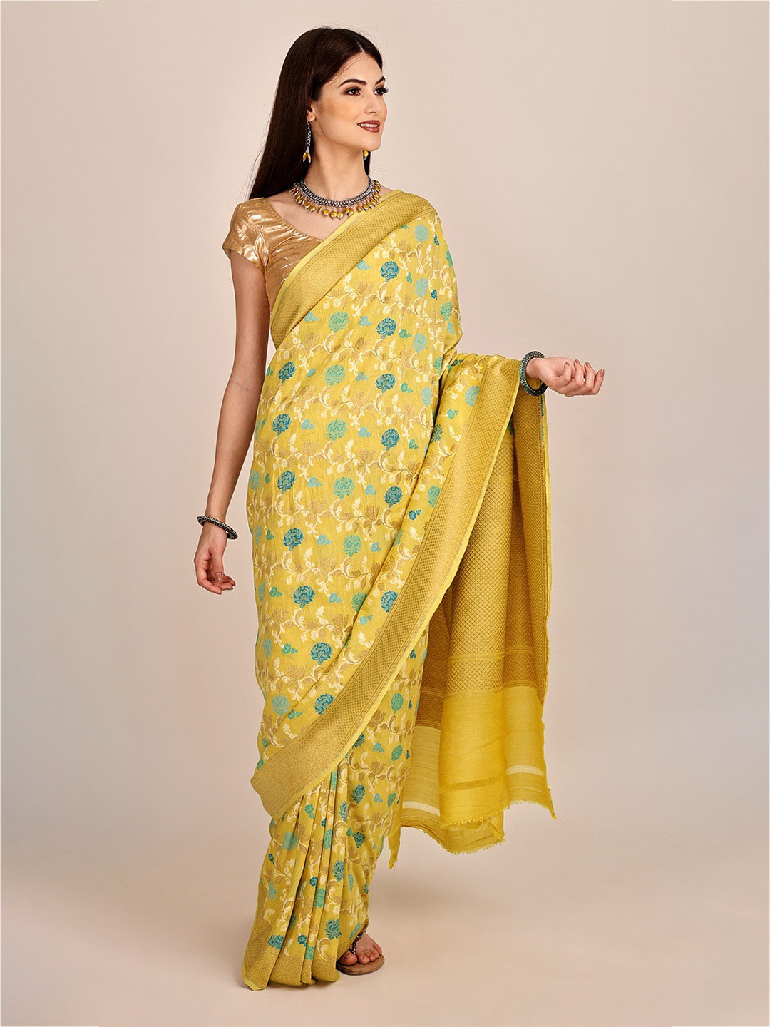 Exotic India Pure Chiffon Golden-Haze Zari Woven Banarasi Saree With Unstitched Blouse