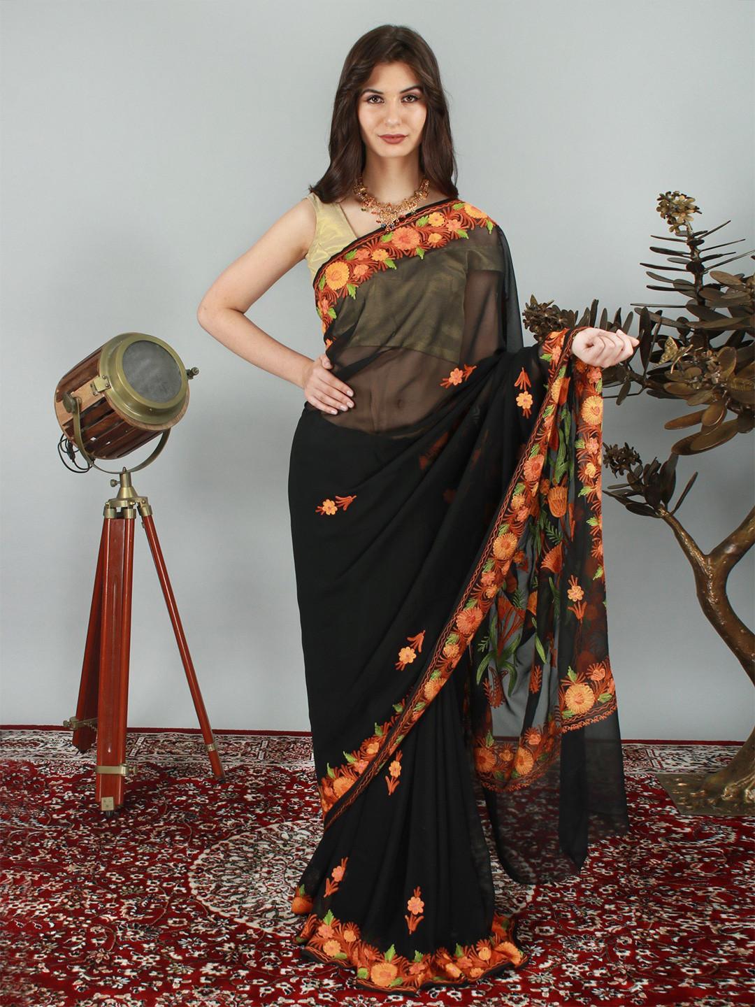 Exotic India Moonless Night Kashmiri Saree with Beautiful All-Over Kashida Embroidery