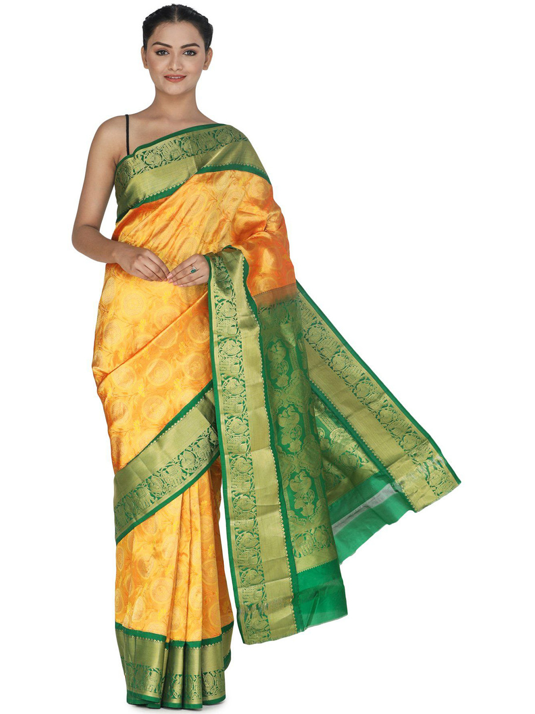 Exotic India Zinnia Yellow Brocaded Uppada Saree with Peacock Green Border