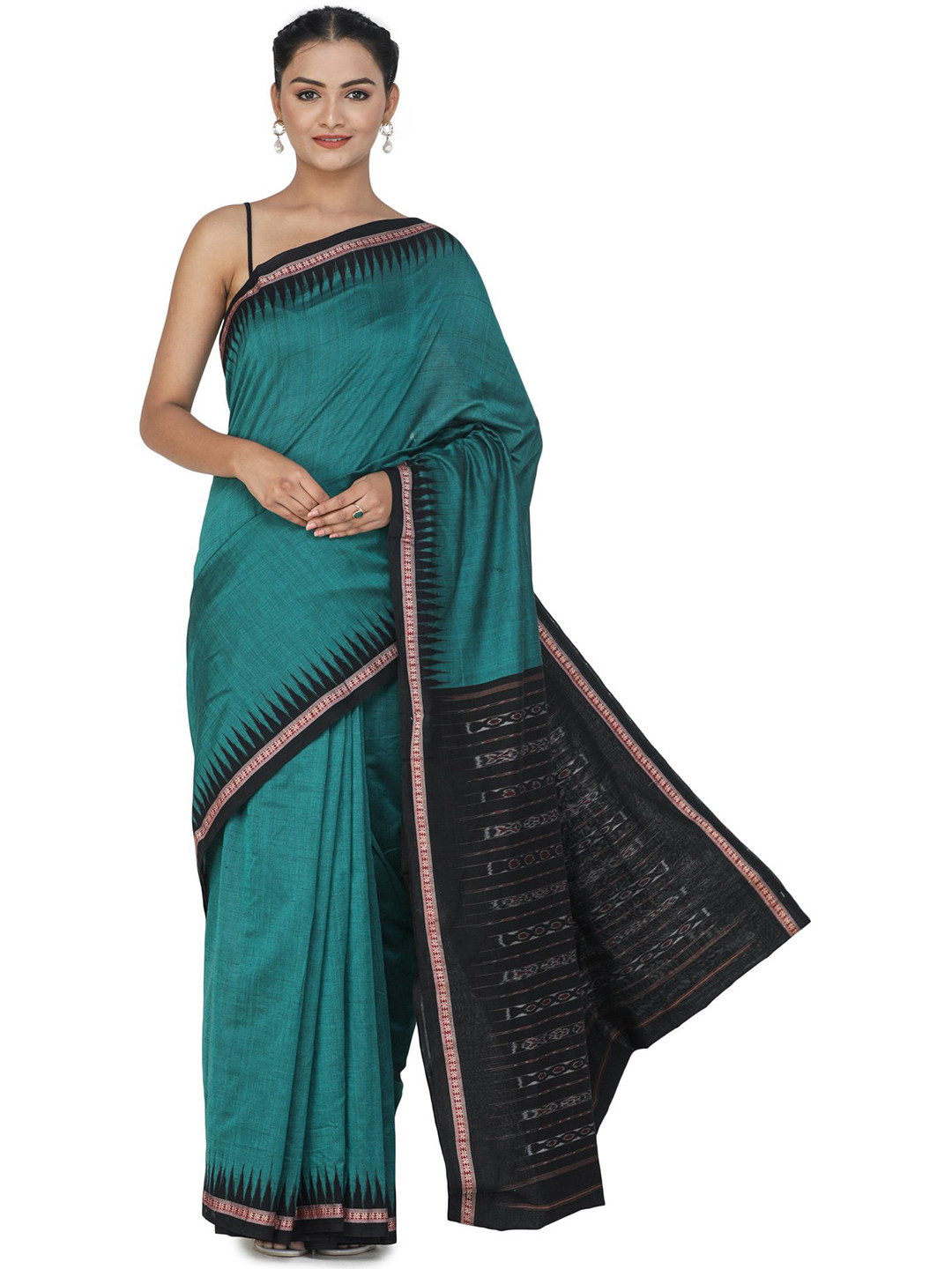Exotic India Alexandrite Green Pure Cotton Sambalpuri Saree with Ikat Border