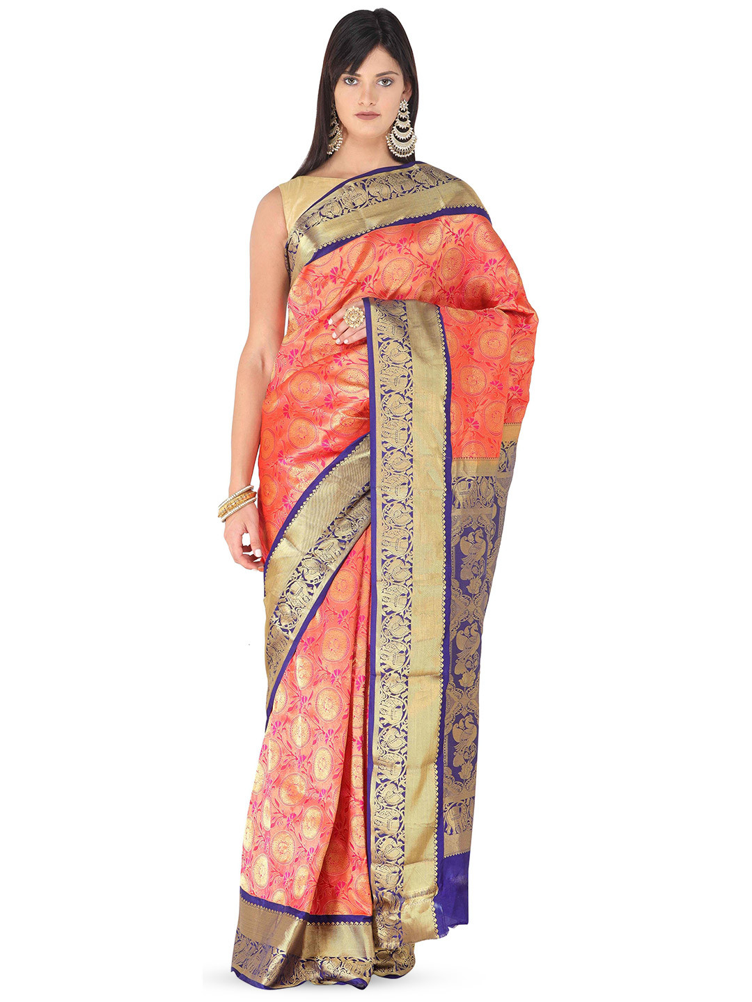 Exotic India Fiesta Orange Brocaded Saree with Peacocks on Border and Heavy Pallu
