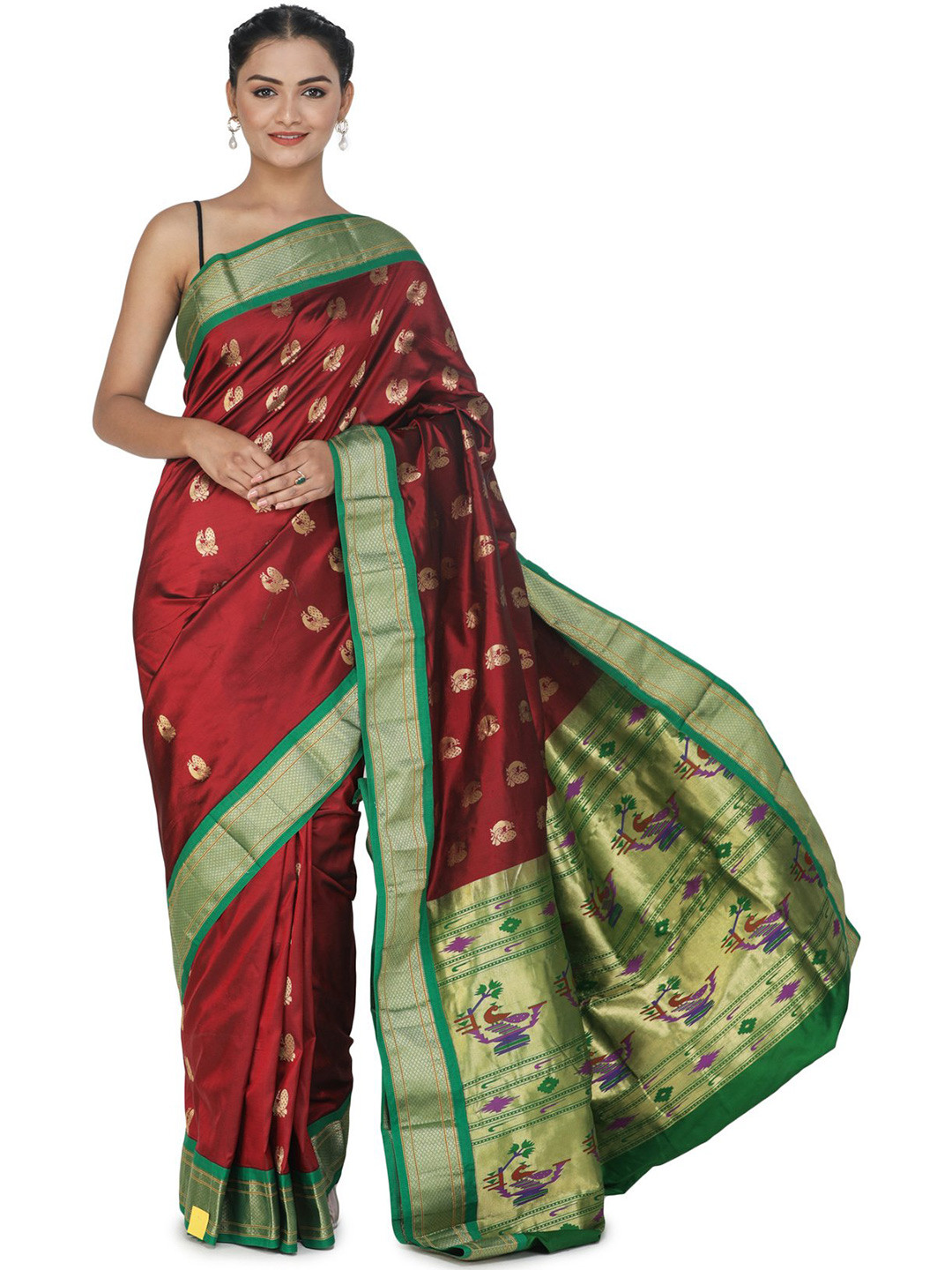 Exotic India Red Brocaded Paithani Uppada Fusion Saree with Peacocks Motifs