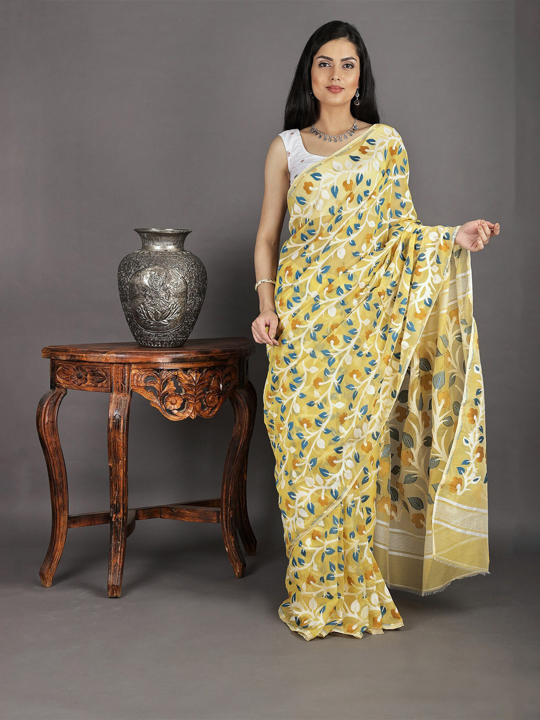 Exotic India Pure Cotton Dhakai Saree with Leaf and Flowers All-Over