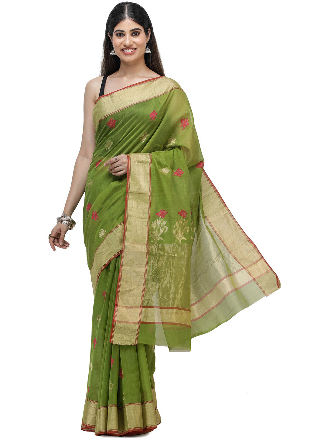 Exotic India Cardamom Green Flower Motif Chanderi Pure Cotton Silk Saree and Zari Border