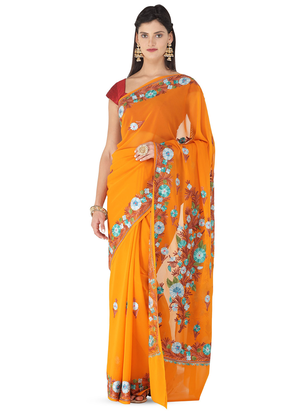 Exotic India Orange Ochre Georgette Kashmiri Saree with Aari-Embroidered Multicolor Flower