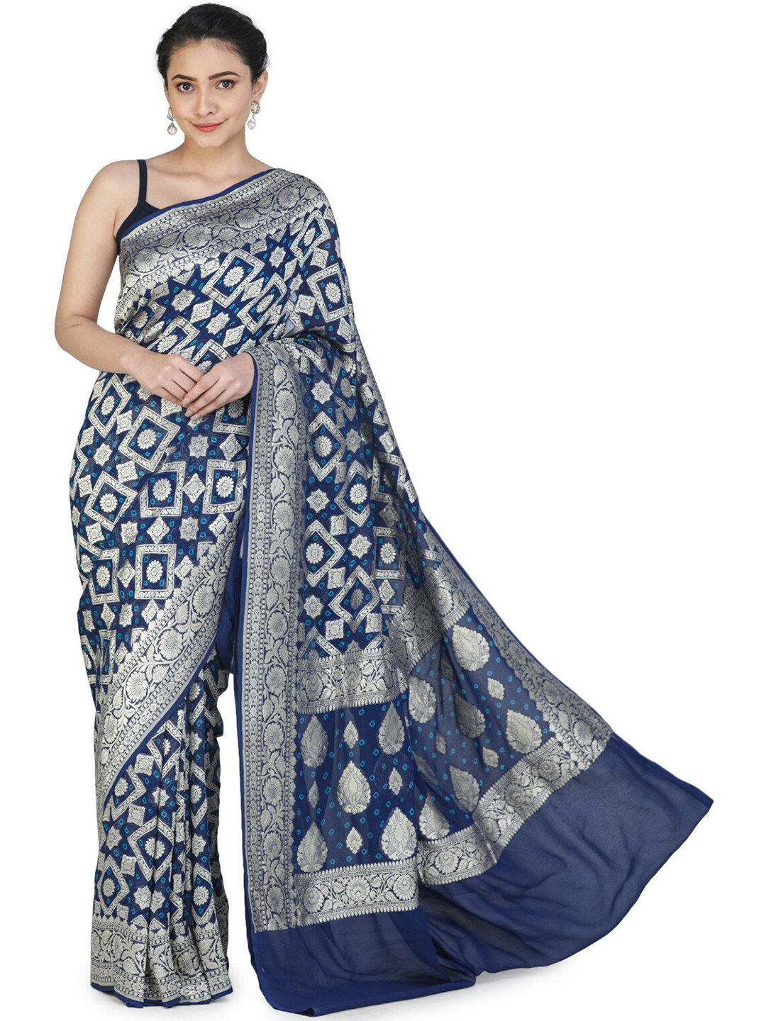 Exotic India Medieval Blue Banarasi Saree with Heavily Brocaded Pattern All-over