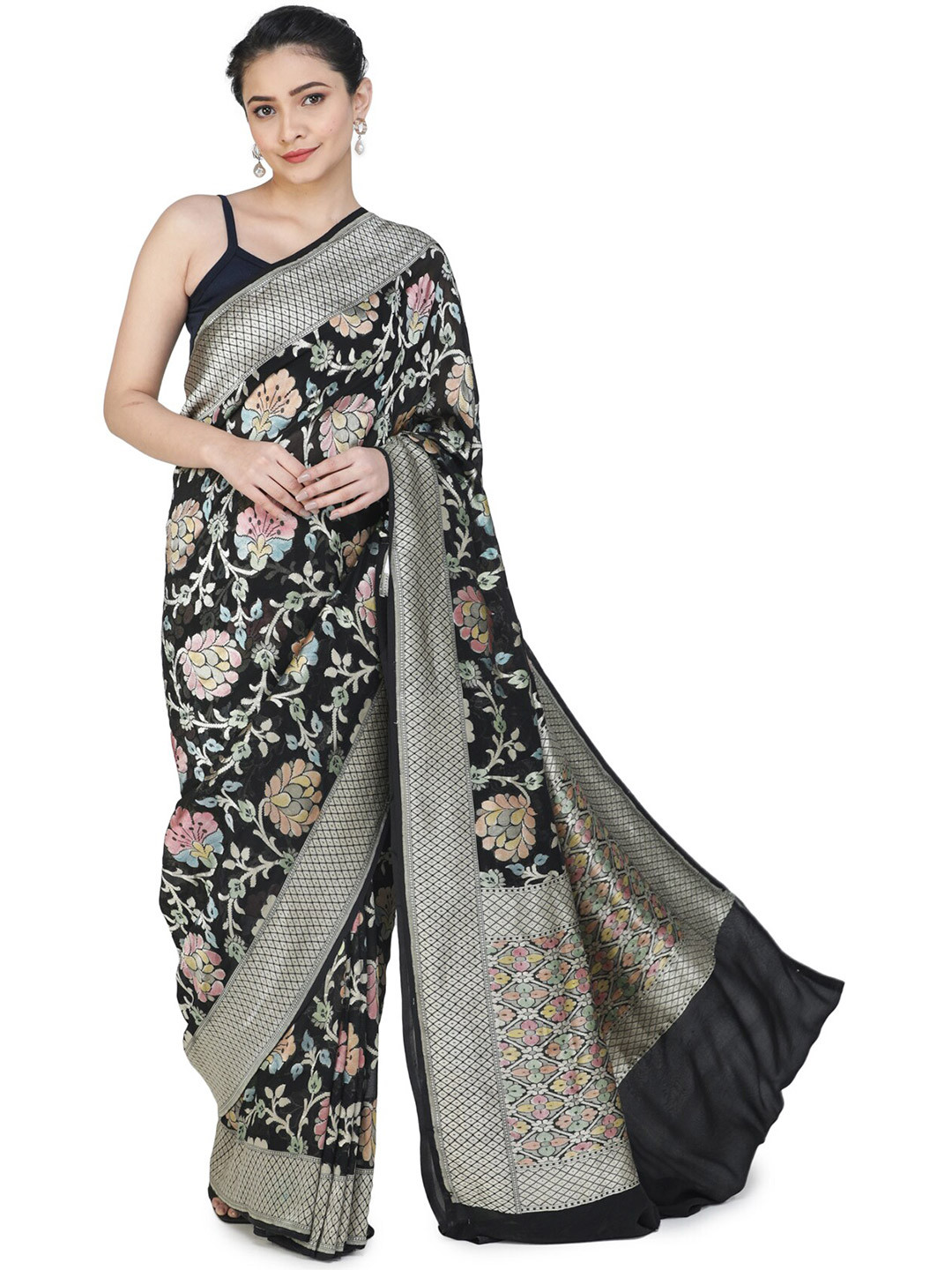 Exotic India Black Beauty Banarasi Saree with Brocaded Floral Motifs All-over