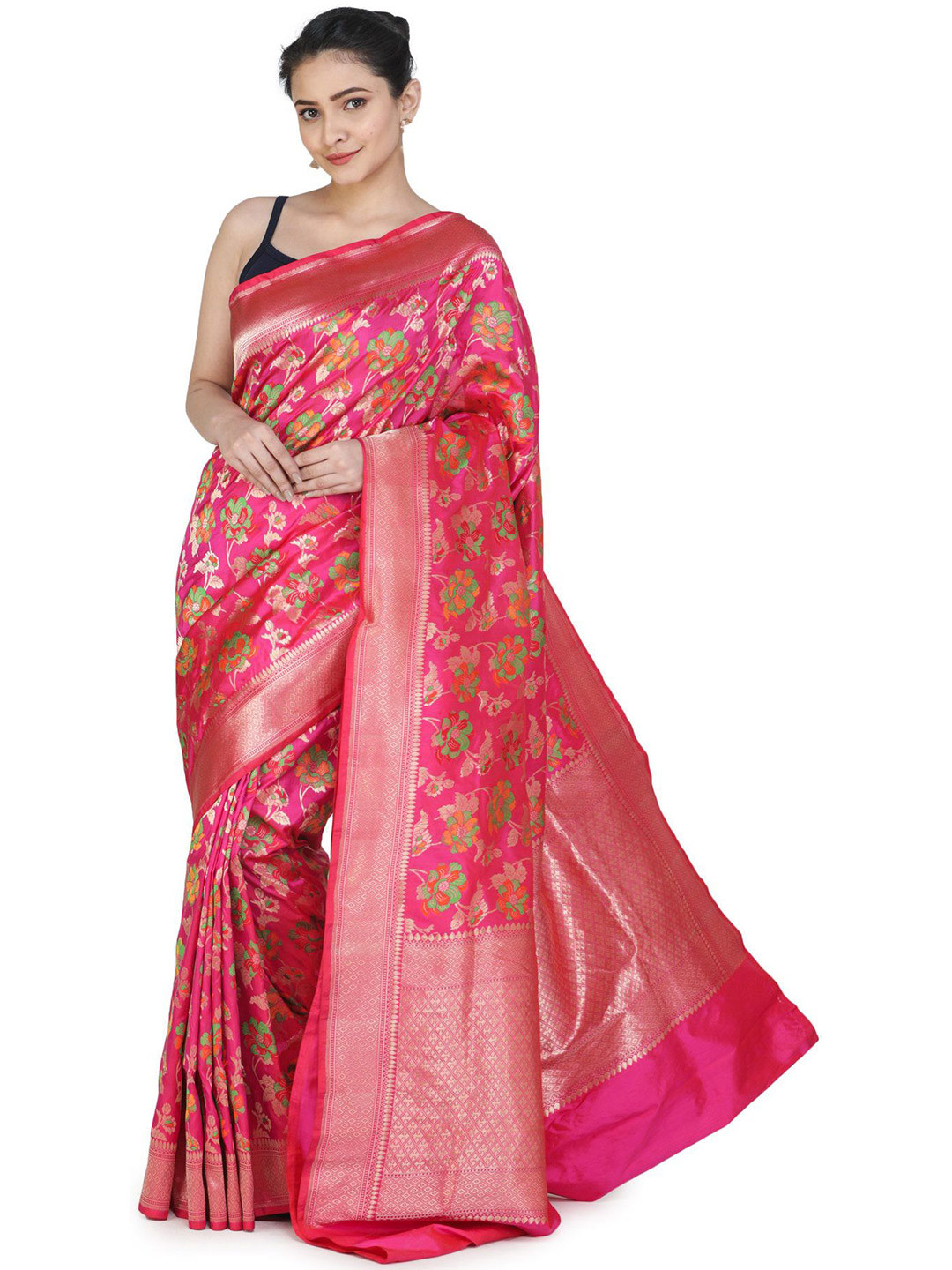 Exotic India Pink Peacock Banarasi Saree with Brocaded Kadhwa Floral Motifs