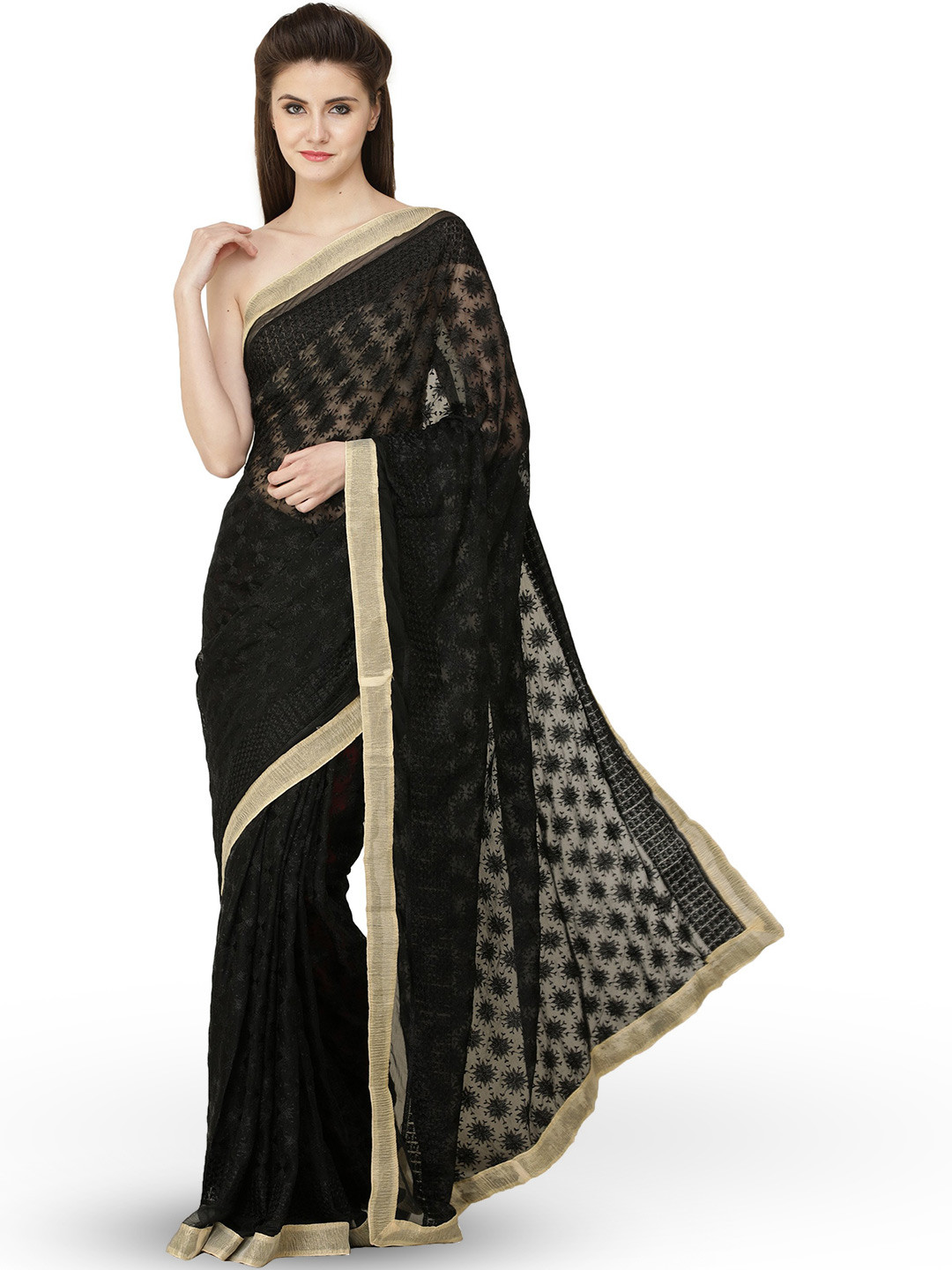 Exotic India Caviar Black Chiffon Saree with Phulkari Embroidery in Self and Golden Border