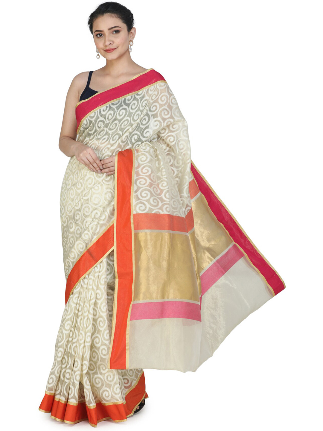 Exotic India Seedpearl White Banarasi Silk Brocaded Kora Saree with Woven Spirals