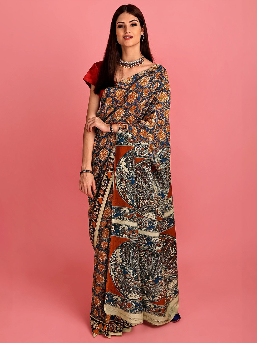 Exotic India Hand-Painted Tri Coloured Kalamkari Chiffon Saree